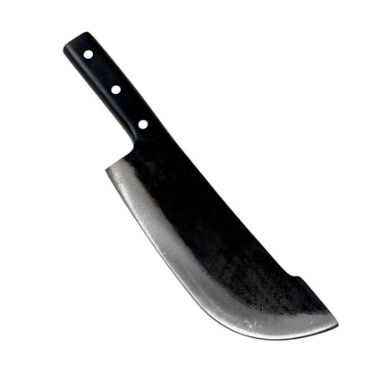High-carbon steel camping knife from set, durable and sharp, ideal for outdoor cooking.