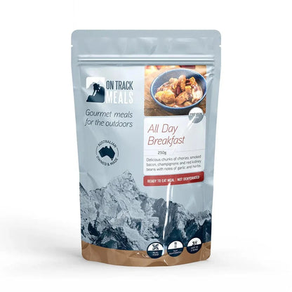 All Day Breakfast hiking meal pouch with chorizo, bacon, champignons, and beans seasoned with garlic and herbs.