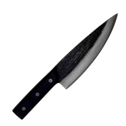 Camping knife with black ergonomic handle and high-carbon steel blade, ideal for outdoor cooking.