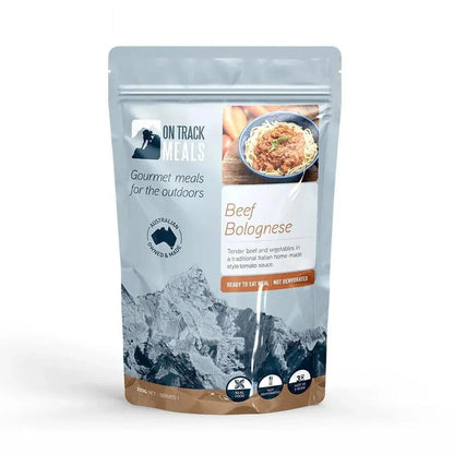 Beef Bolognese gourmet meal pouch with Australian ingredients, ideal for outdoor adventures.