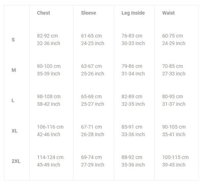 Size chart for Carinthia MIG 4.0 Jacket detailing measurements for chest, sleeve, leg inside, and waist in centimeters and inches for sizes S to 2XL.