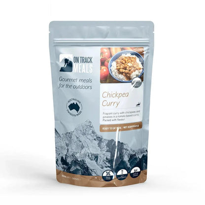 Best hiking food chickpea curry pouch, ideal for outdoor meals, vegan-friendly, ready to eat.