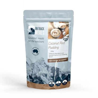 Coconut Rice Pudding packaging with mountain design, labeled as vegan-friendly and perfect for outdoor adventures.