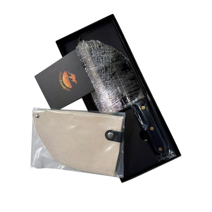 Camping knife set with protective sheath in packaging, premium high-carbon steel, ideal for bush cooking and BBQs.