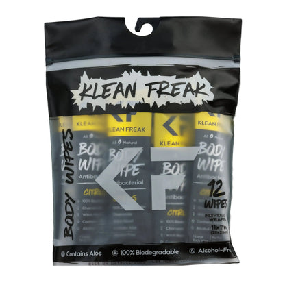 Klean Freak Scent-Free Biodegradable Body Wipes packaging showing 12 wipes, alcohol-free and eco-friendly.