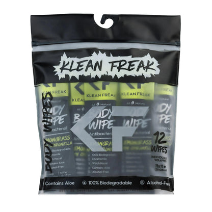 Klean Freak Scent-Free Biodegradable Body Wipes packaging with 12 alcohol-free wipes containing aloe.