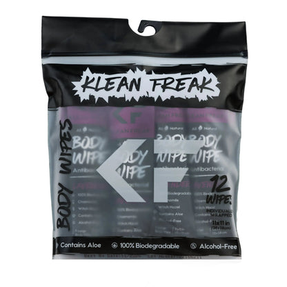 Klean Freak Scent-Free Biodegradable Body Wipes packaging featuring 12 alcohol-free wipes with aloe.