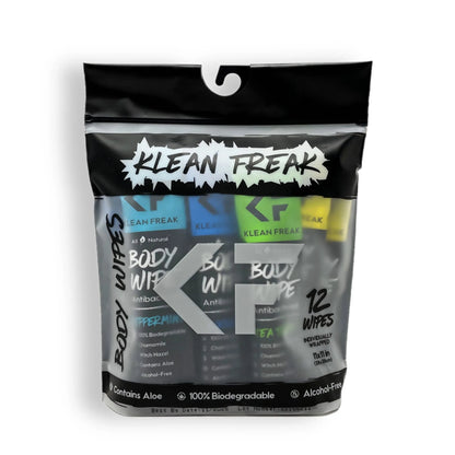 Klean Freak Scent-Free Biodegradable Body Wipes packaging, eco-friendly, travel hygiene solution.