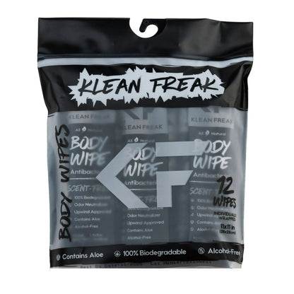 Klean Freak Scent-Free Biodegradable Body Wipes package showing 12 wipes, eco-friendly and alcohol-free formula.