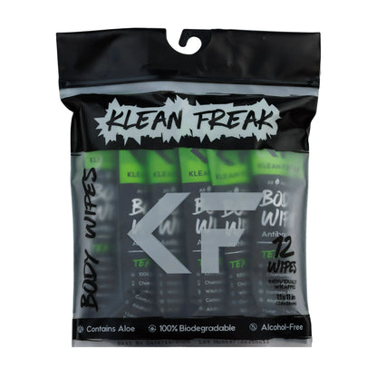 Klean Freak Scent-Free Biodegradable Body Wipes pack, 12 wipes, alcohol-free and eco-friendly.