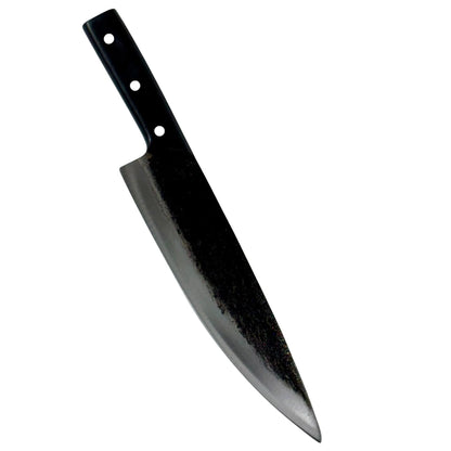 Camping knife with black handle, ideal for outdoor cooking, made from high-carbon steel for durability.