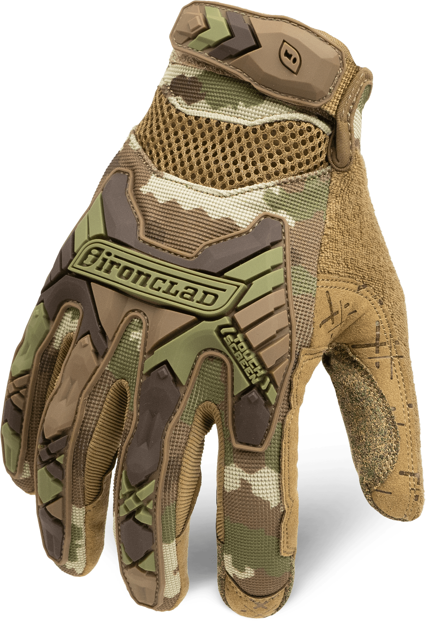 IronClad Tactical Impact gloves with camo design, synthetic suede palm, and touchscreen compatibility.