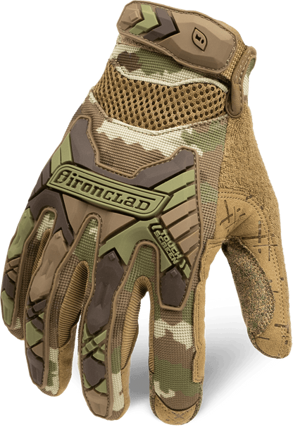 IronClad Tactical Impact gloves with camo design, synthetic suede palm, and touchscreen compatibility.