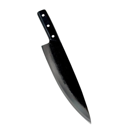 Camping knife with black ergonomic handle, ideal for outdoor cooking and rugged use; part of a high-quality camping cooking set.