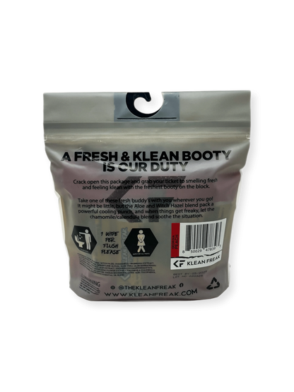 Flushable wipes packaging with "A Fresh & Klean Booty Is Our Duty" slogan.