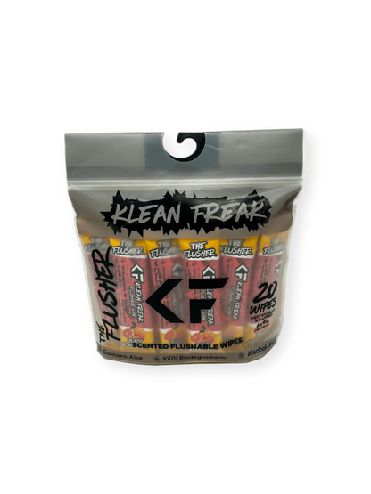 Klean Freak Flusher flushable wipes packaging, 20-pack, scented options.
