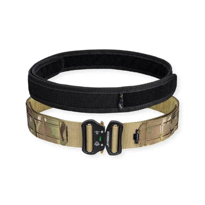 Tactical Belt with MOLLE system, nylon material, metal buckle, available in Multicam, Black, Coyote Brown, Ranger Green.