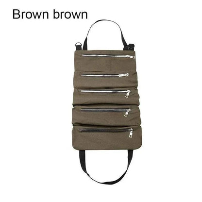 Brown Multifunctional 4WD Tool Bag with five zippered pockets, roll-up design.