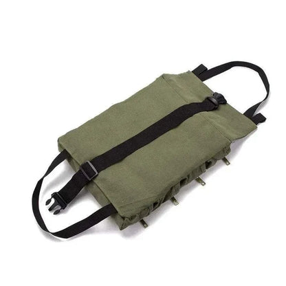 Green Multifunctional 4WD Tool Bag with black straps, featuring a durable roll-up design and multiple zippered pockets for easy organization.