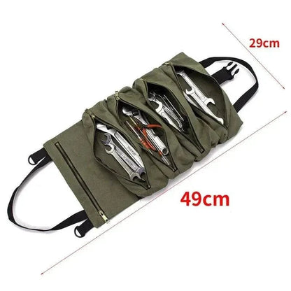 Multifunctional 4WD Tool Bag with zippered pockets, olive green, 49x29 cm size shown, holding tools.