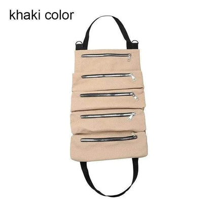 Khaki Multifunctional 4WD Tool Bag with five zippered pockets and handles.
