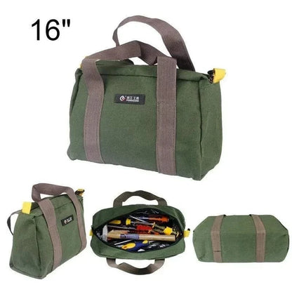 Multifunctional 4WD Tool Bag in green with multiple zippered pockets, shown with tools inside and rolled up, made from durable, waterproof Oxford Cloth, ideal for off-road adventures.