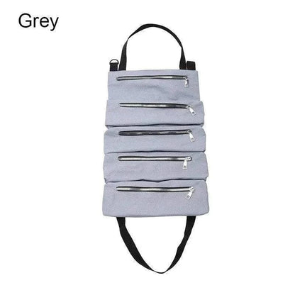 Grey Multifunctional 4WD Tool Bag with five zippered pockets and roll-up design for organized tool storage.