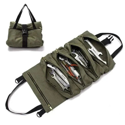 Multifunctional 4WD Tool Bag with zippered pockets and durable Oxford Cloth, displaying tools organized, suitable for off-road adventures.