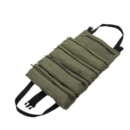 Multifunctional 4WD Tool Bag with five zippered pockets in green, ideal for organizing tools.
