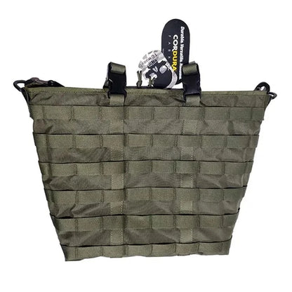 Unisex tactical handbag in green with MOLLE system, made from durable 500D DuPont Cordura fabric.