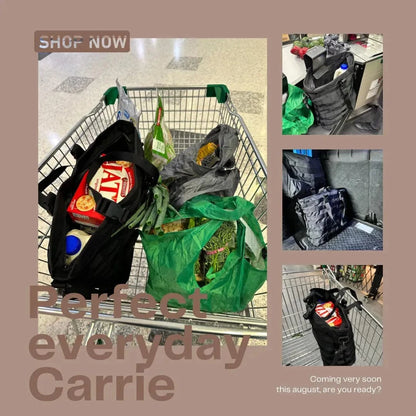 Unisex Tactical Handbag in shopping cart with groceries, featuring rugged design and multiple compartments.