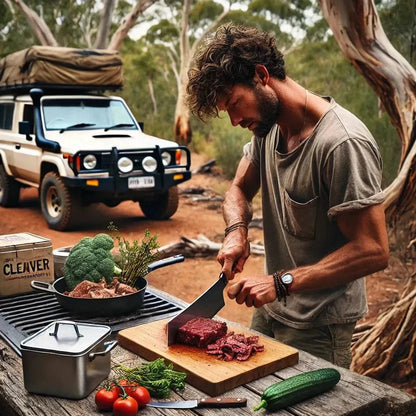 Camping kitchen knives set for outdoor cooking by campfire.