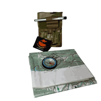 Pen pouch with MOLLE compatibility, map, compass, and pen displayed.