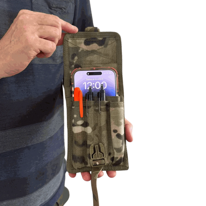 MOLLE compatible pen pouch holding phone and pens, camouflage design, outdoor use.