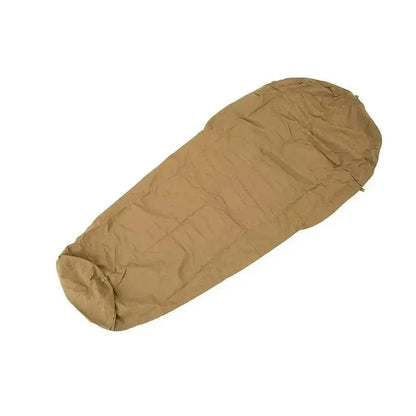 Coyote-colored waterproof bivi bag with military top opening and built-in mozzie net.