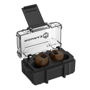 Earmor M20T Wireless Tactical Earbuds in Coyote Brown charging case.
