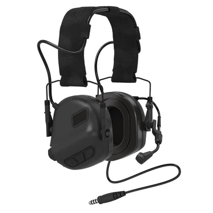 Tactical black Earmor M32 PLUS electronic earmuffs with detachable NATO TP-120 mic, featuring noise-cancelling and IPX-5 waterproofing.