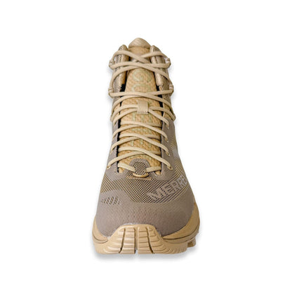 Merrell Tactical Rogue Hiker Mid GORE-TEX Dark Coyote boot front view, durable and lightweight for tactical use.