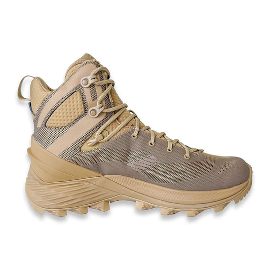 Merrell Tactical Rogue Hiker Mid GORE-TEX boot in Dark Coyote, featuring durable ballistic mesh and TPU overlays.