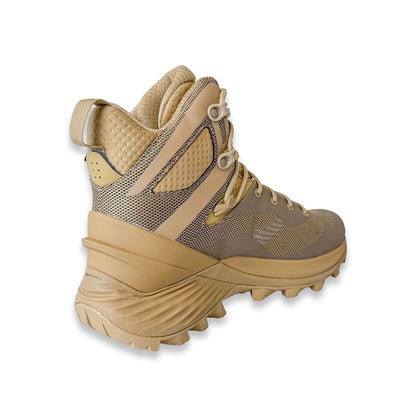 Merrell Tactical Rogue Hiker Mid GORE-TEX boot in Dark Coyote color, featuring reinforced metal hooks, hybrid bootie, and rugged outsole for tactical field use.