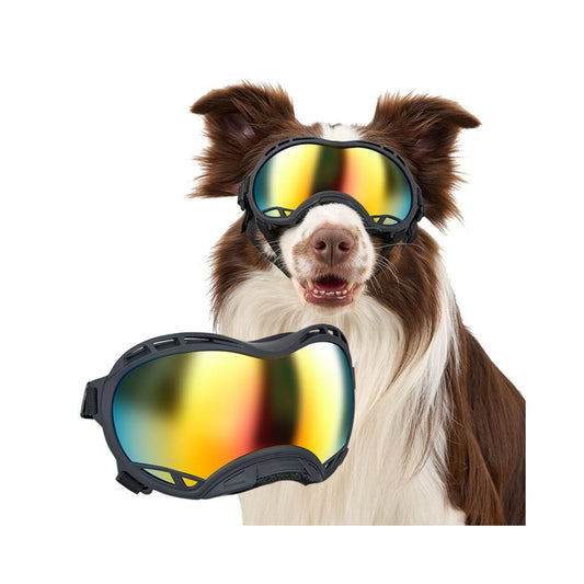 Dog wearing ONETIGRIS Dog Goggles with reflective lenses, showcasing UV protection and durable design for outdoor adventures.