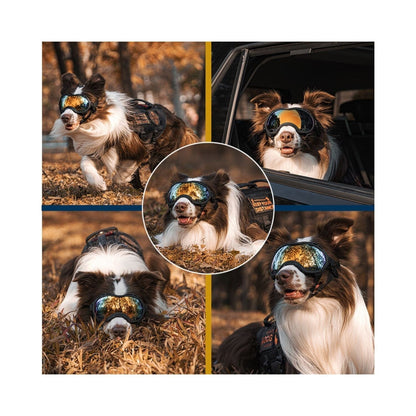 Dog wearing ONETIGRIS Dog Goggles during outdoor activities, showcasing flexible frame and UV400 protection.