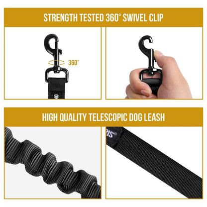 Tactical dog leash with bungee design, swivel clip, and telescopic functionality.