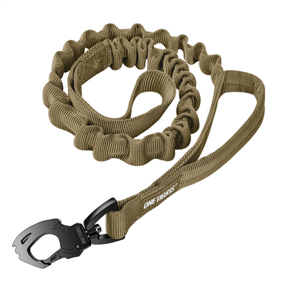 Tactical dog leash with Tigris Jaw metal clip, bungee design, and padded handle for medium to large dogs.