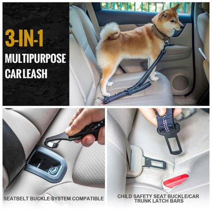 3-in-1 multipurpose dog leash with seatbelt compatibility and safety buckles.