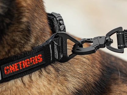 OneTigris X11 Dog Collar with black and orange logo, durable nylon webbing, zinc alloy buckle, and D-ring.