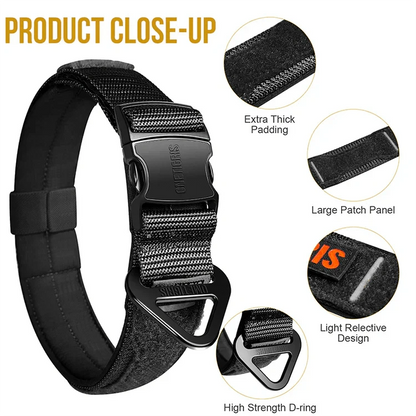 OneTigris X11 Dog Collar with heavy-duty buckle, extra-thick padding, large patch panel, reflective design, and high-strength D-ring.