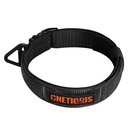 OneTigris X11 Dog Collar with black and orange laser-cut logo, durable nylon webbing, metal buckle, D-ring, and customizable patch panel.