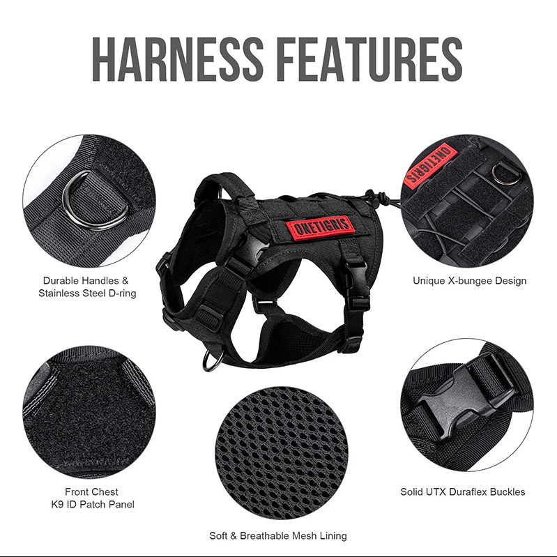 Durable tactical dog harness with metal buckles, ergonomic design, MOLLE compatibility, and breathable mesh lining.