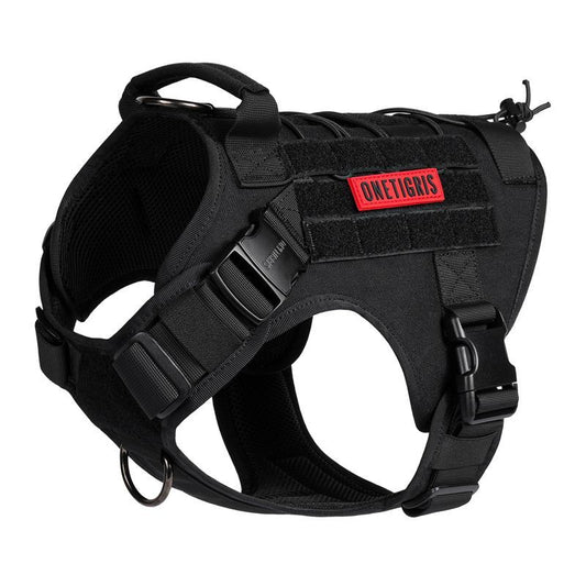 Black ONETIGRIS FIRE WATCHER 2.0 dog harness featuring metal buckles and ergonomic design for outdoor adventures.
